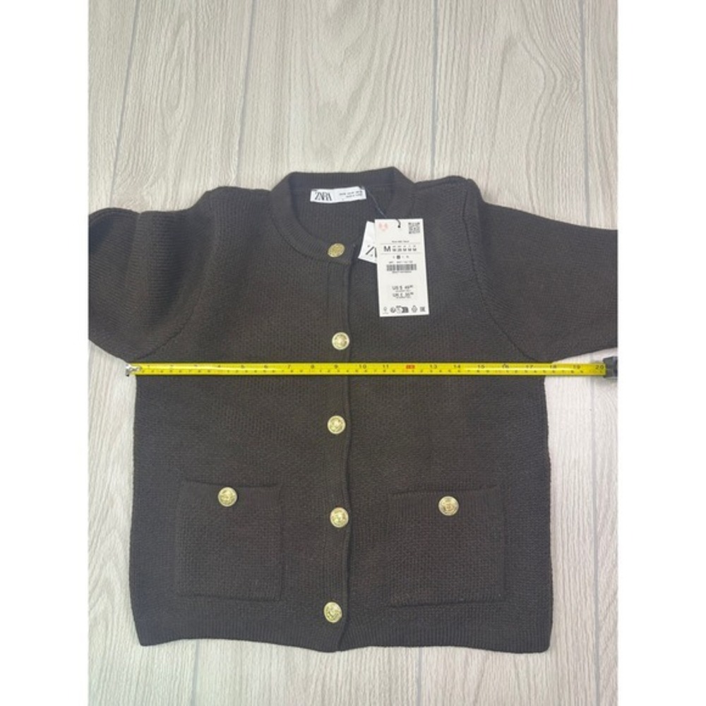 ZARA Women's Brown Knit Cardigan Gold Button Pockets Crew Neck Size M - Picture 4 of 15